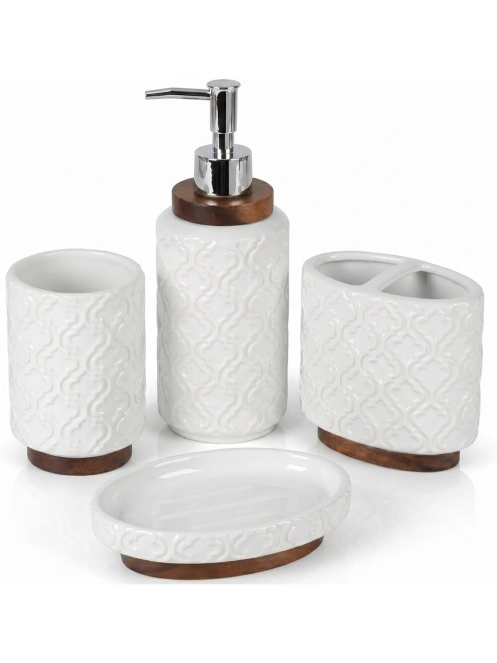 Elegant 4-Piece White Ceramic Bathroom Accessory Set with Wood Accents, Decor